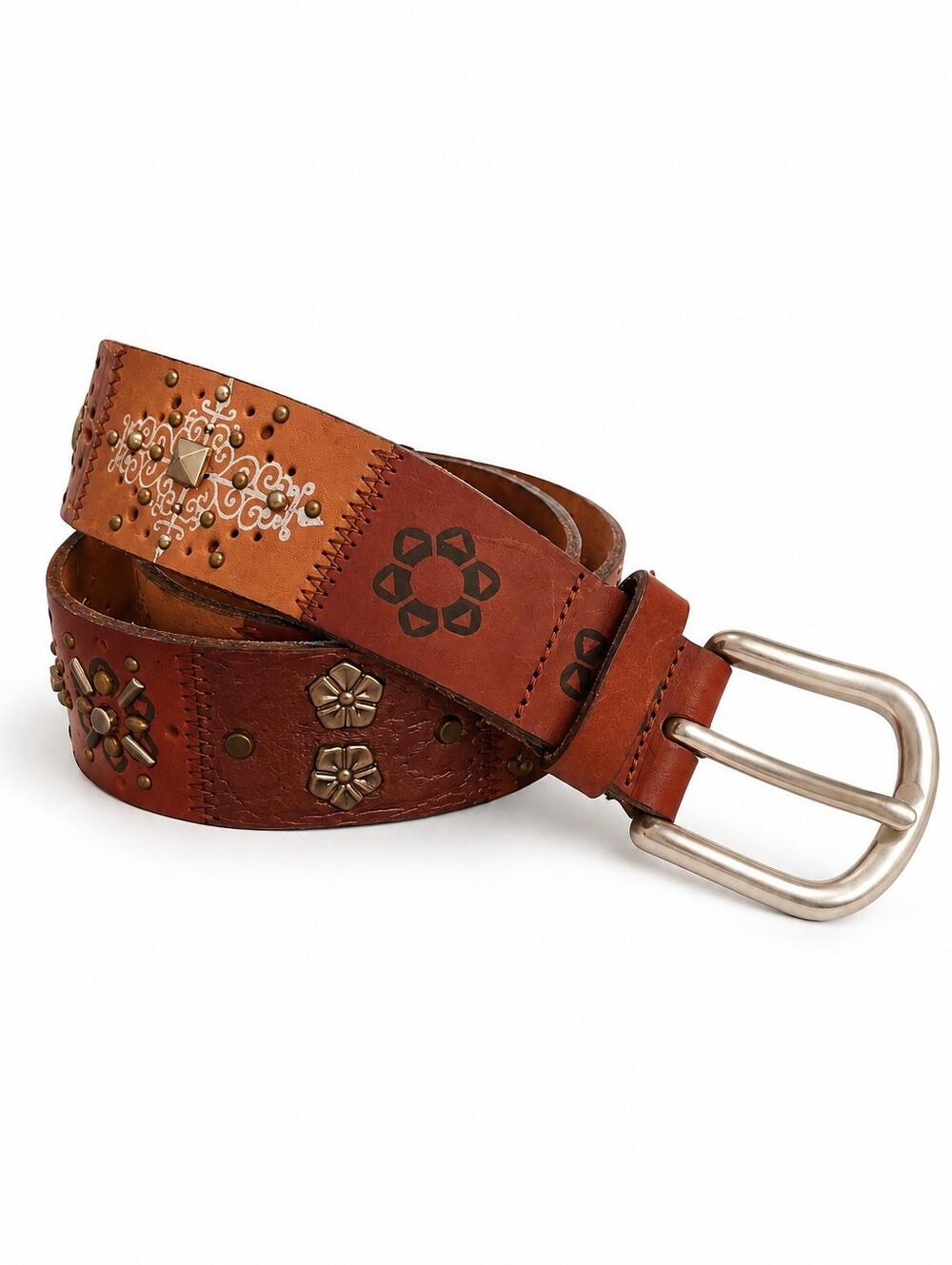 Fossil Patchwork Studded Leather Belt, Boho Western Festival, S